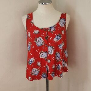 No Comment Red Floral Button Front Tank Top Crochet Lace Back Women's Medium